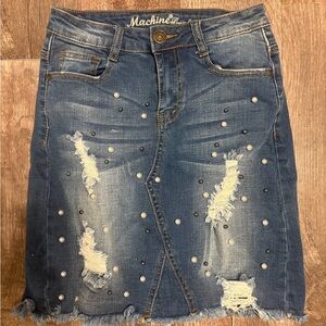 Machine Blue Denim Skirt with Distressed Accents and pearls Size S